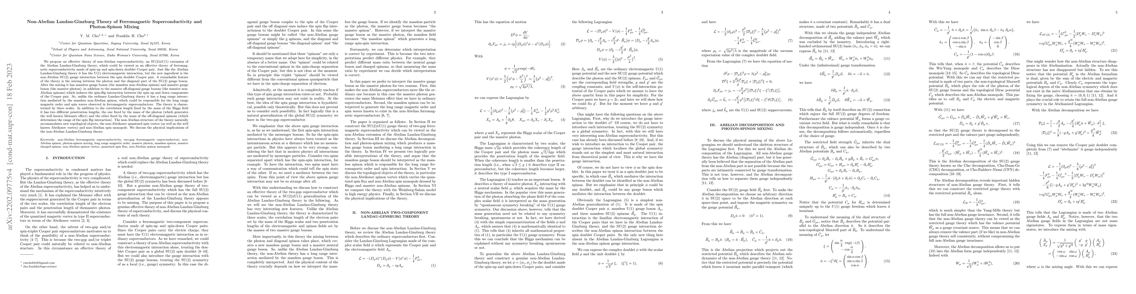 Thumbnail for Non-Abelian Landau-Ginzburg Theory of Ferromagnetic Superconductivity
  and Photon-Spinon Mixing