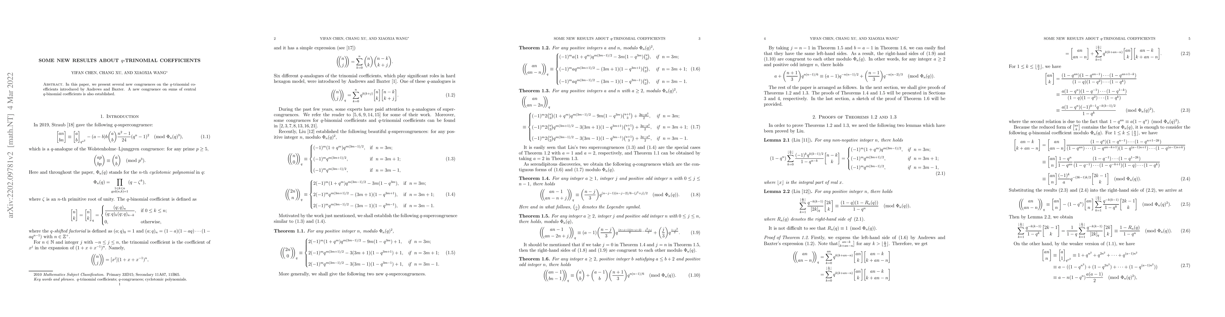 Thumbnail for Some new results about $q$-trinomial coefficients