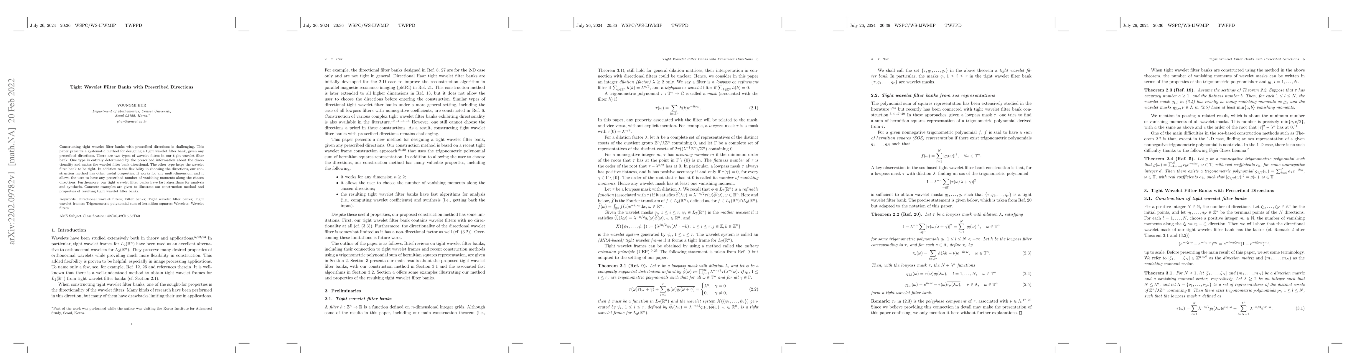 Thumbnail for Tight Wavelet Filter Banks with Prescribed Directions