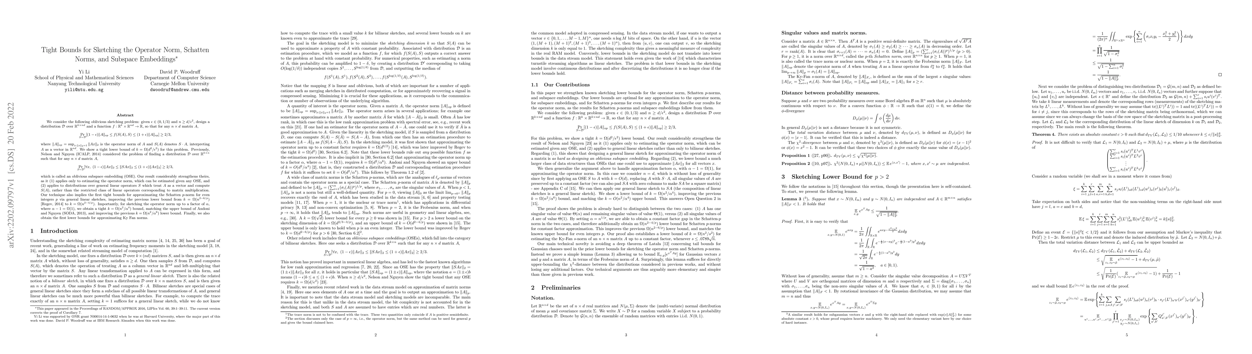 Thumbnail for Tight Bounds for Sketching the Operator Norm, Schatten Norms, and
  Subspace Embeddings