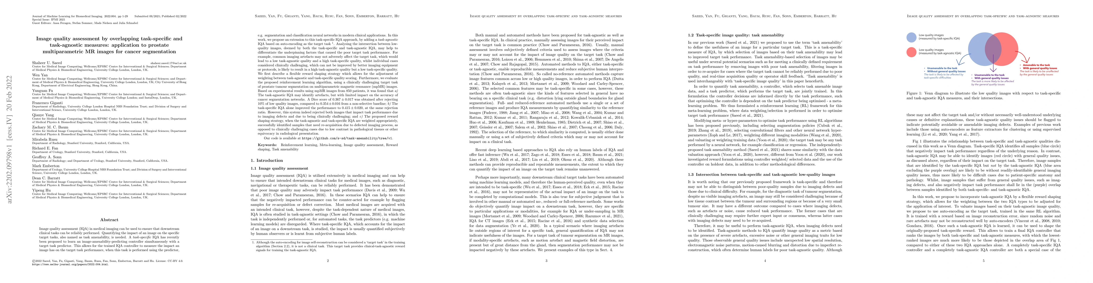Thumbnail for Image quality assessment by overlapping task-specific and task-agnostic
  measures: application to prostate multiparametric MR images for cancer
  segmentation