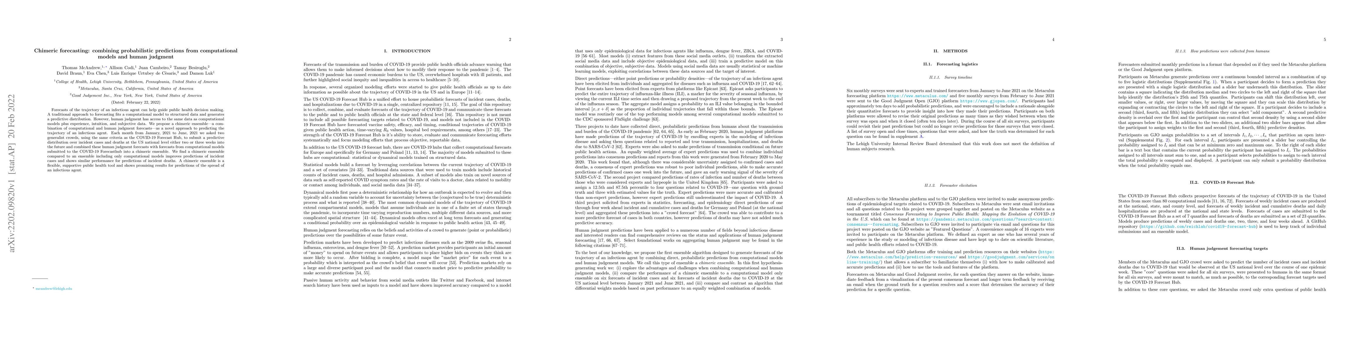 Thumbnail for Chimeric forecasting: combining probabilistic predictions from
  computational models and human judgment