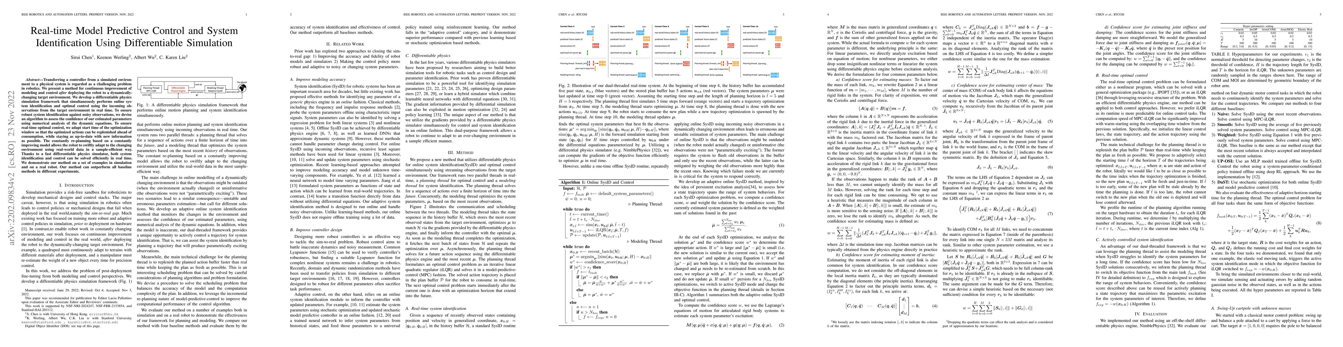 Thumbnail for Real-time Model Predictive Control and System Identification Using
  Differentiable Physics Simulation