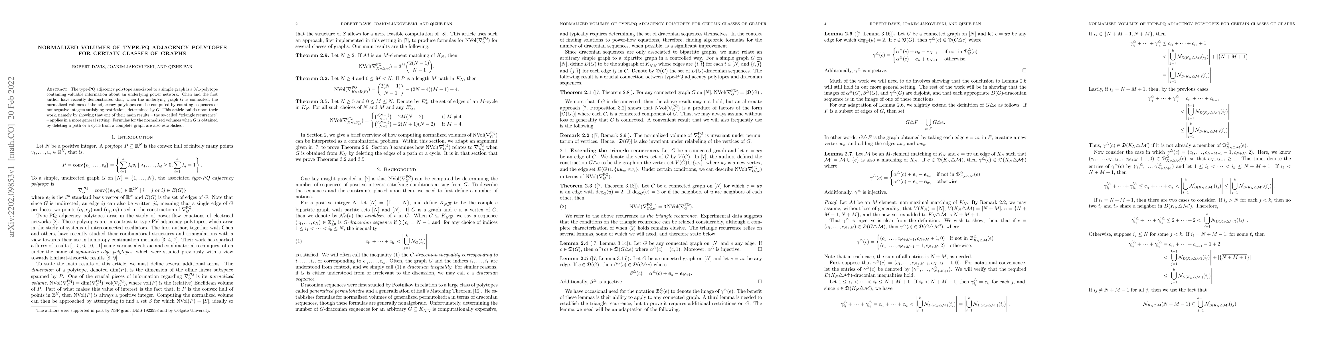 Thumbnail for Normalized Volumes of Type-PQ Adjacency Polytopes for Certain Classes of
  Graphs