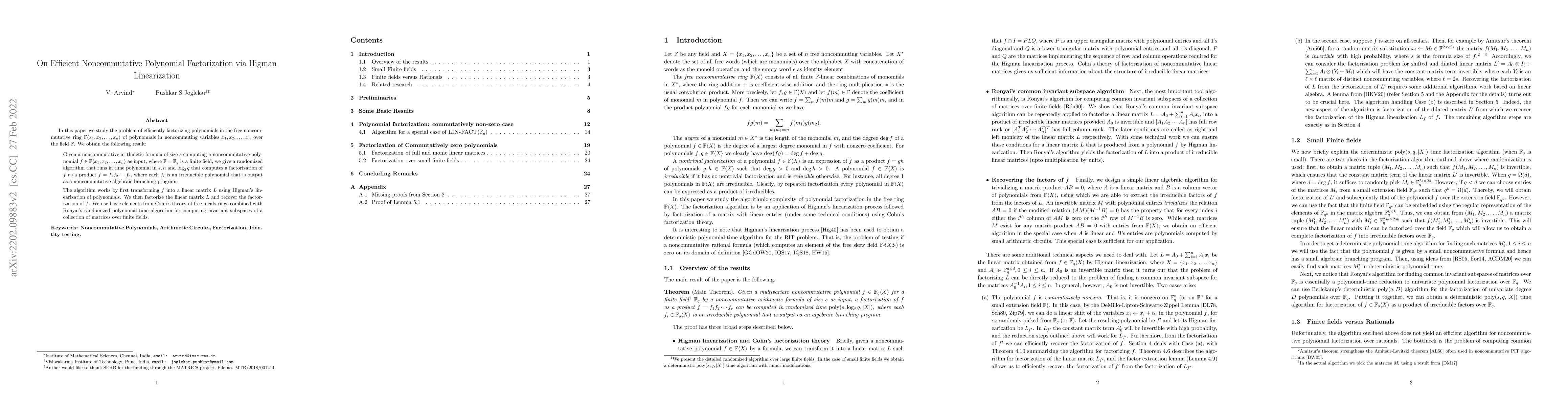 Thumbnail for On Efficient Noncommutative Polynomial Factorization via Higman
  Linearization