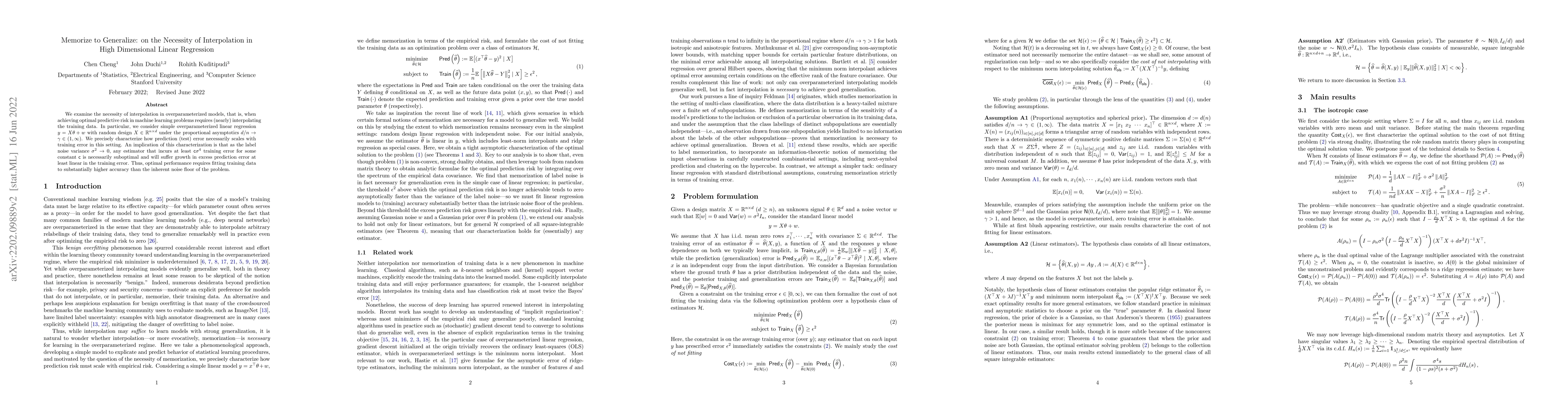 Thumbnail for Memorize to Generalize: on the Necessity of Interpolation in High
  Dimensional Linear Regression