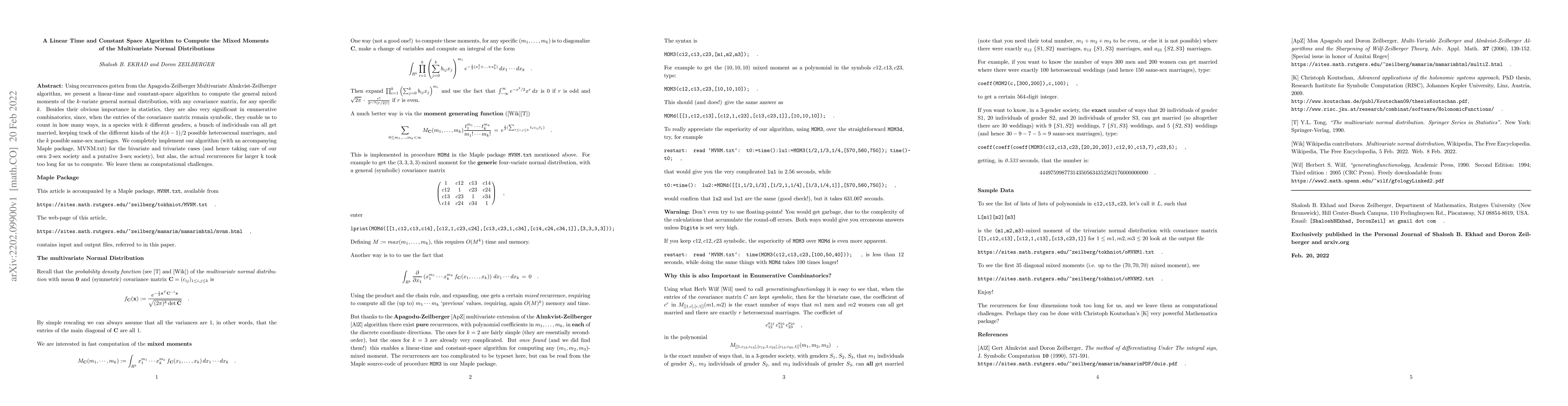 Thumbnail for A Linear Time, and Constant Space, Algorithm to Compute the Mixed
  Moments of the Multivariate Normal Distributions