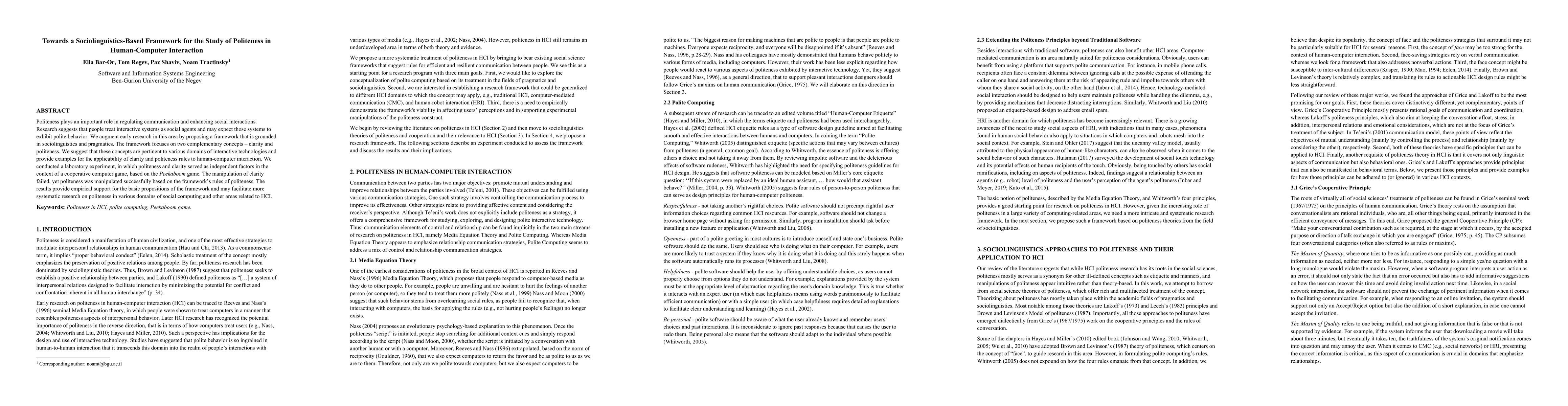 Thumbnail for Towards a Sociolinguistics-Based Framework for the Study of Politeness
  in Human-Computer Interaction