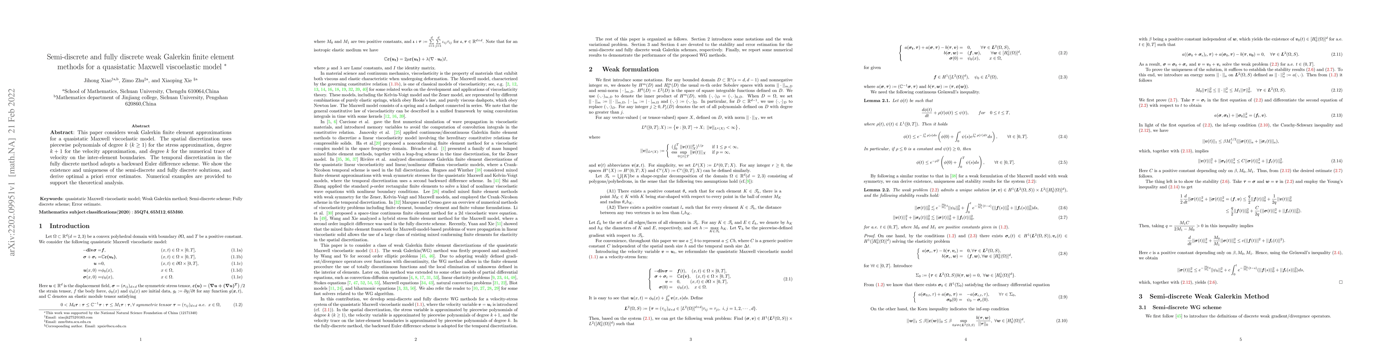 Thumbnail for Semi-discrete and fully discrete weak Galerkin finite element methods
  for a quasistatic Maxwell viscoelastic model