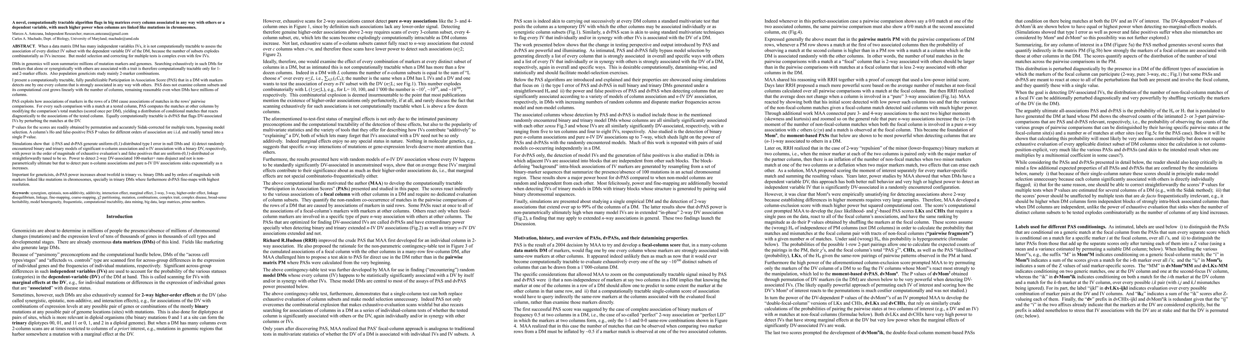 Thumbnail for A novel, computationally tractable algorithm flags in big matrices every
  column associated in any way with others or a dependent variable, with much
  higher power when columns are linked like mutations in chromosomes