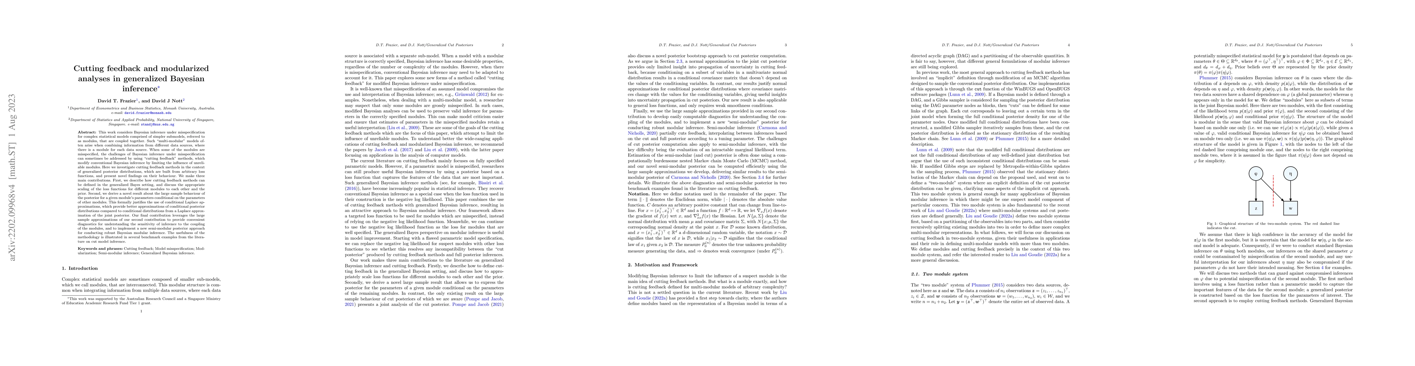 Thumbnail for Cutting feedback and modularized analyses in generalized Bayesian
  inference