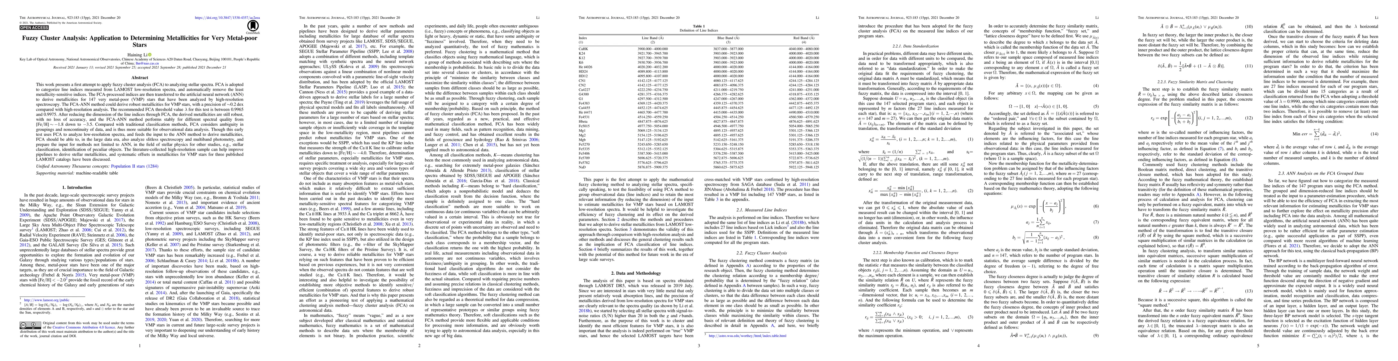 Thumbnail for Fuzzy Cluster Analysis: Application to Determining Metallicities for
  Very Metal-poor Stars