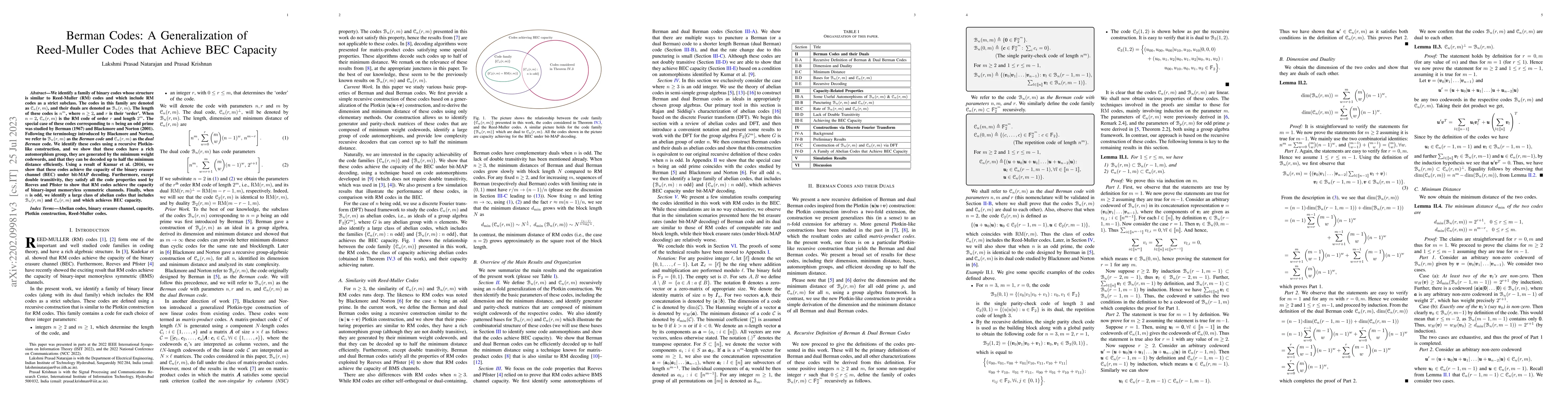Thumbnail for Berman Codes: A Generalization of Reed-Muller Codes that Achieve BEC
  Capacity