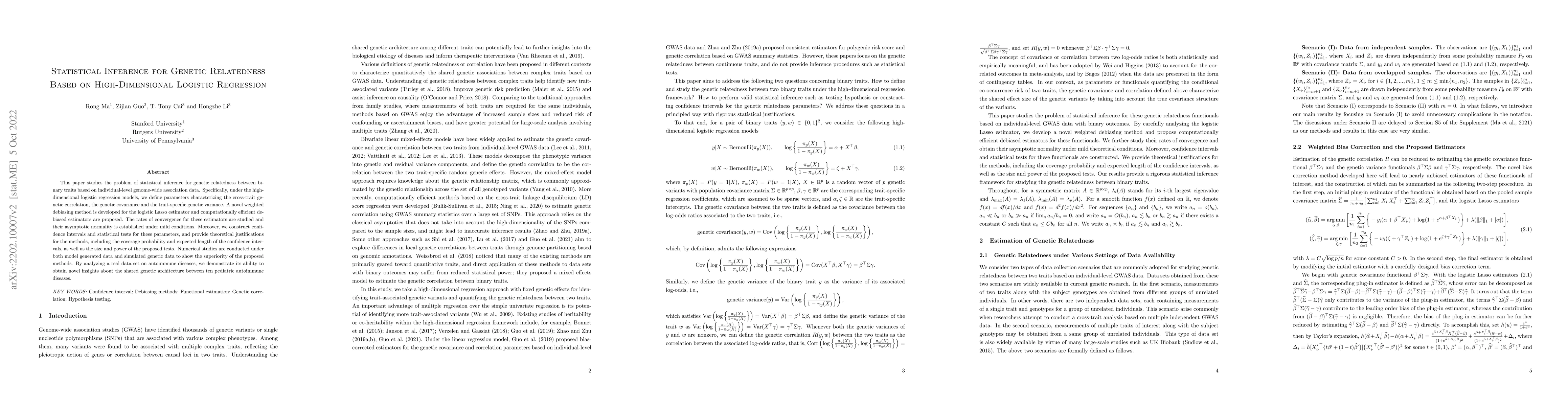 Thumbnail for Statistical Inference for Genetic Relatedness Based on High-Dimensional
  Logistic Regression
