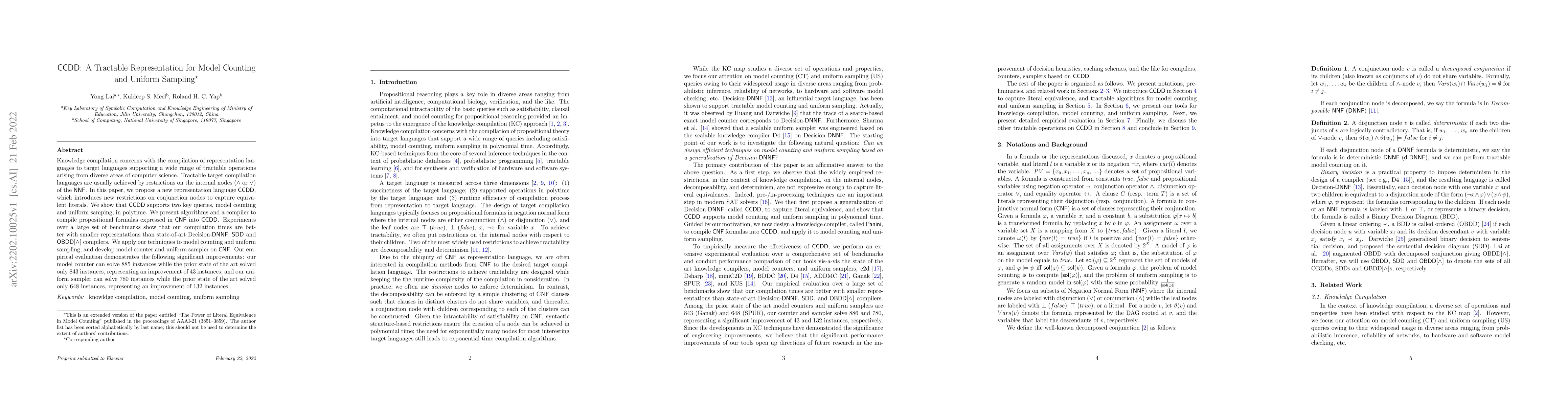 Thumbnail for CCDD: A Tractable Representation for Model Counting and Uniform Sampling