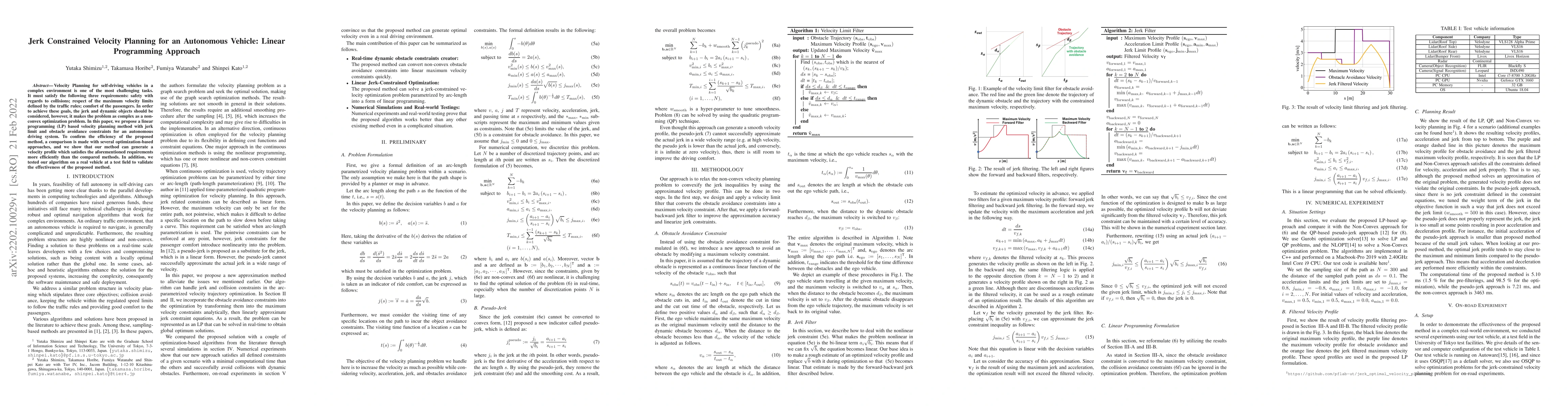 Thumbnail for Jerk Constrained Velocity Planning for an Autonomous Vehicle: Linear
  Programming Approach