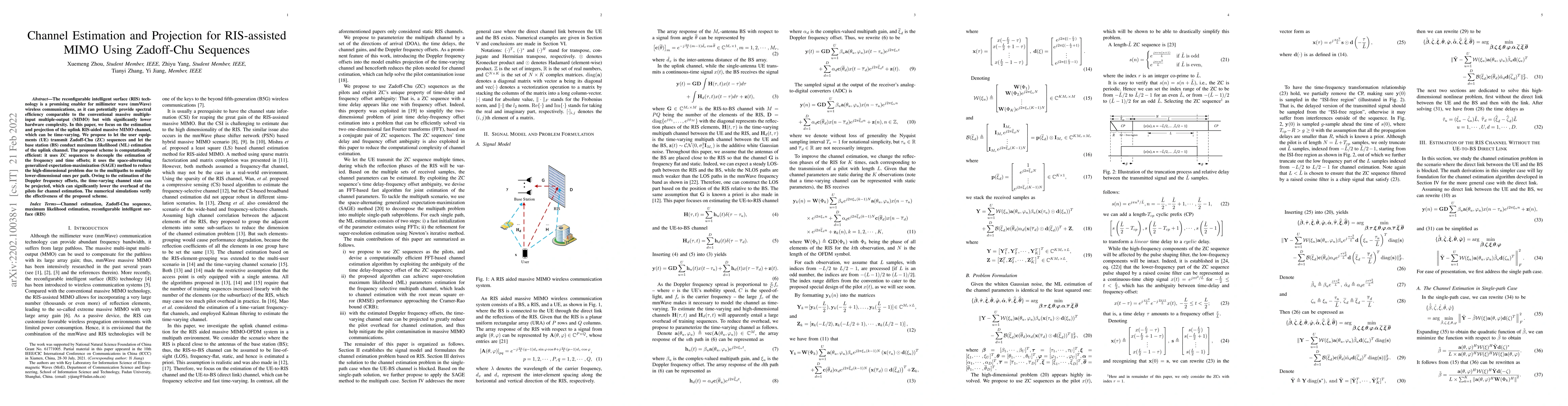 Thumbnail for Channel Estimation and Projection for RIS-assisted MIMO Using Zadoff-Chu
  Sequences