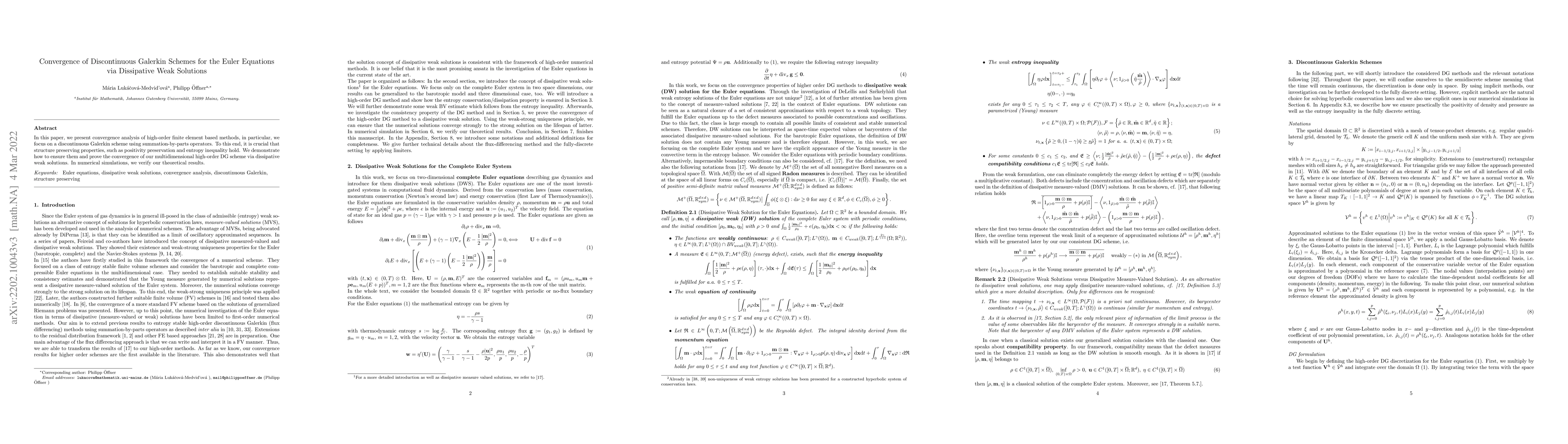 Thumbnail for Convergence of Discontinuous Galerkin Schemes for the Euler Equations
  via Dissipative Weak Solutions