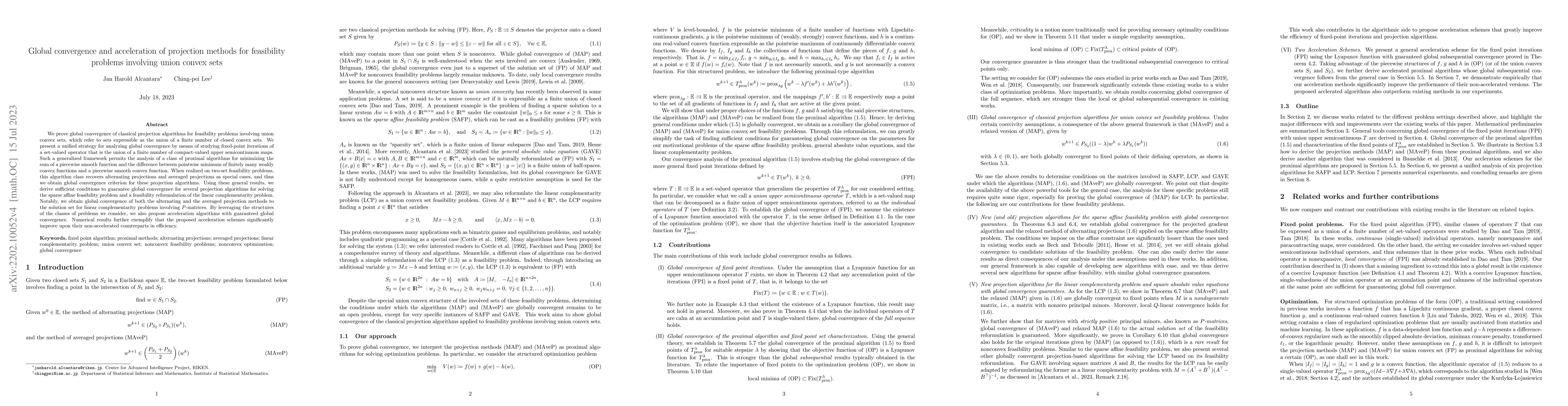 Thumbnail for Global convergence and acceleration of projection methods for
  feasibility problems involving union convex sets