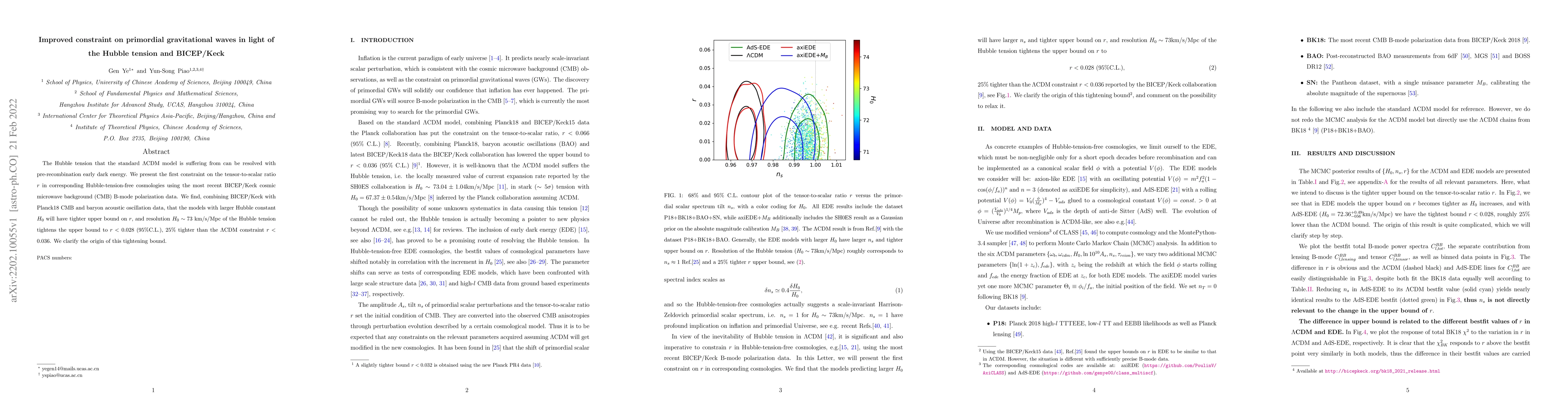 Thumbnail for Improved constraint on primordial gravitational waves in light of the
  Hubble tension and BICEP/Keck