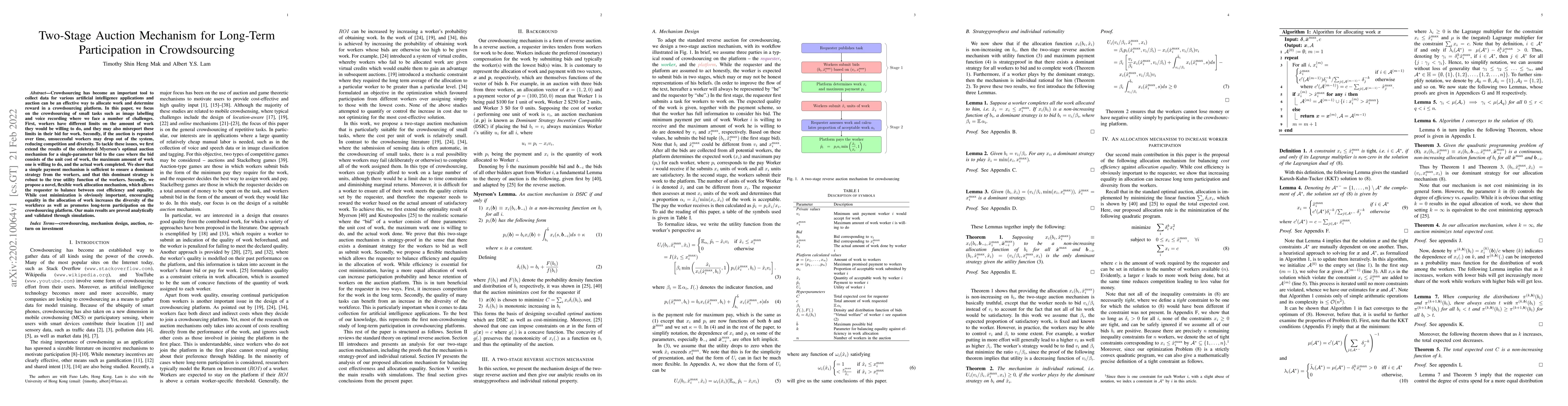 Thumbnail for Two-Stage Auction Mechanism for Long-Term Participation in Crowdsourcing