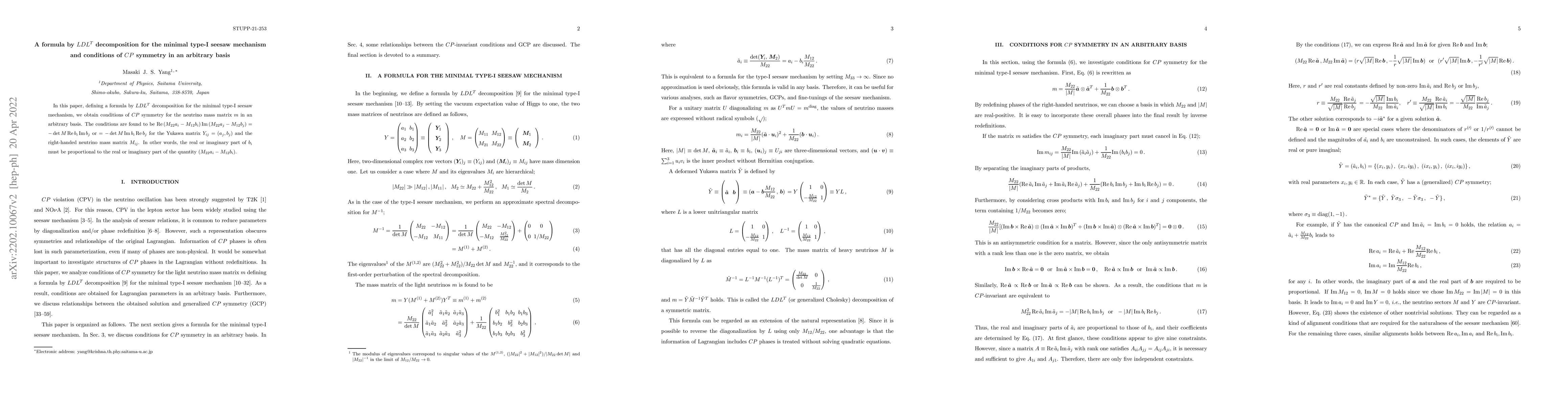 Thumbnail for A formula by $LDL^{T}$ decomposition for the minimal type-I seesaw
  mechanism and conditions of $CP$ symmetry in an arbitrary basis