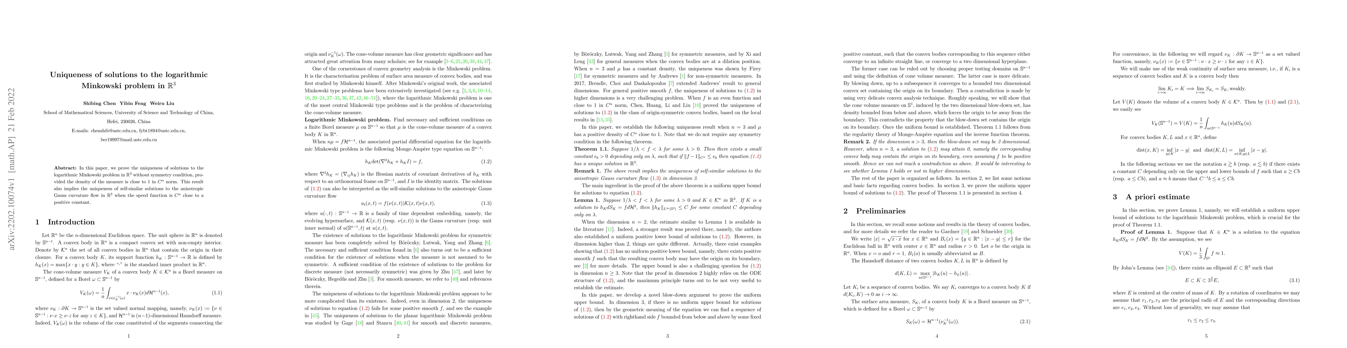 Thumbnail for Uniqueness of solutions to the logarithmic Minkowski problem in
  $\mathbb{R}^3$