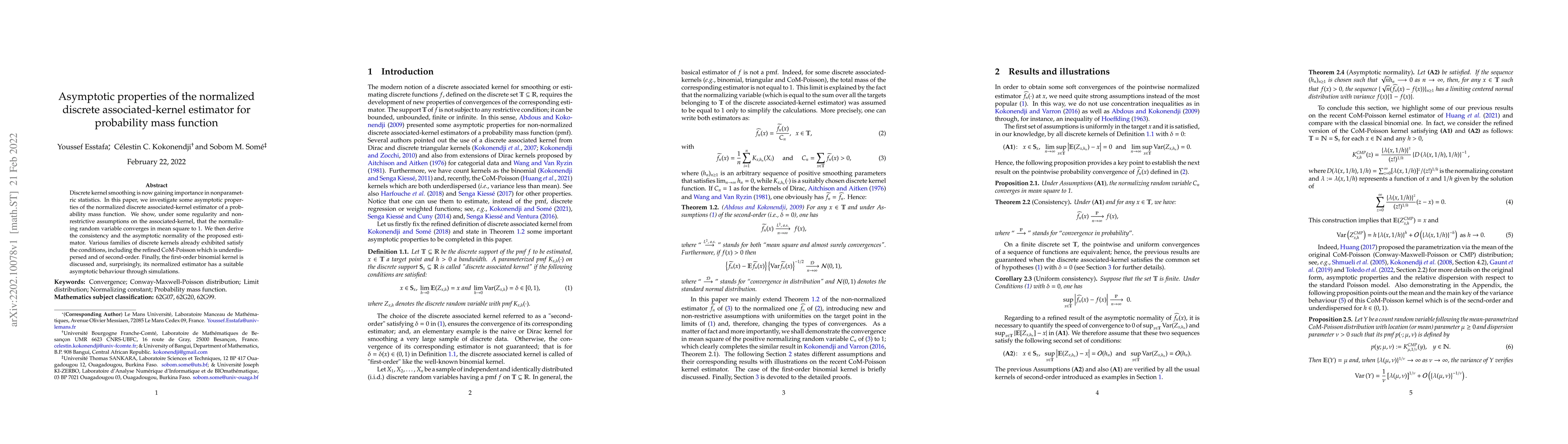 Thumbnail for Asymptotic properties of the normalized discrete associated-kernel
  estimator for probability mass function