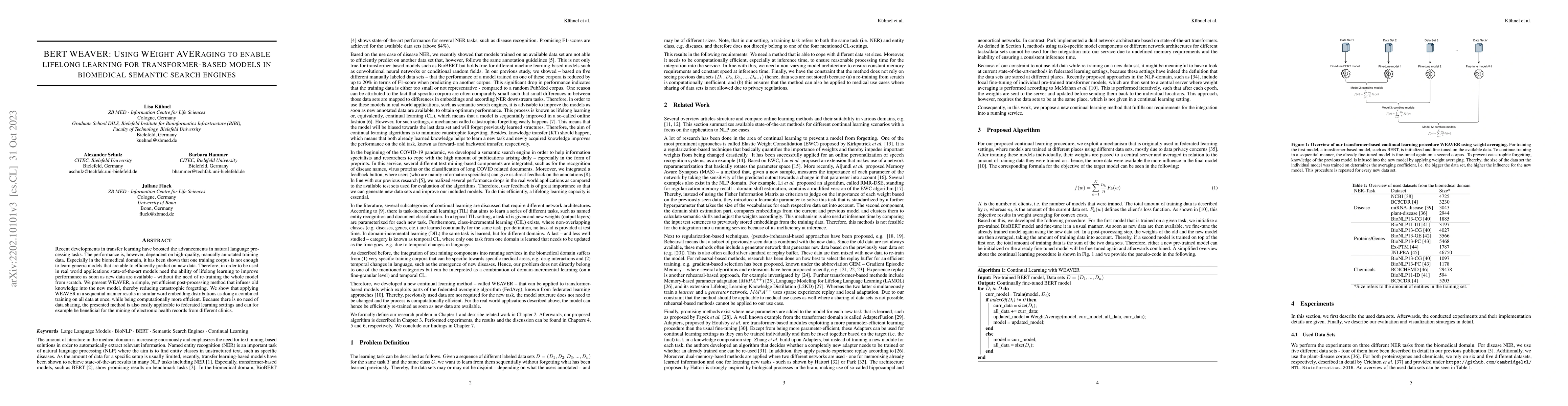 Thumbnail for BERT WEAVER: Using WEight AVERaging to enable lifelong learning for
  transformer-based models in biomedical semantic search engines