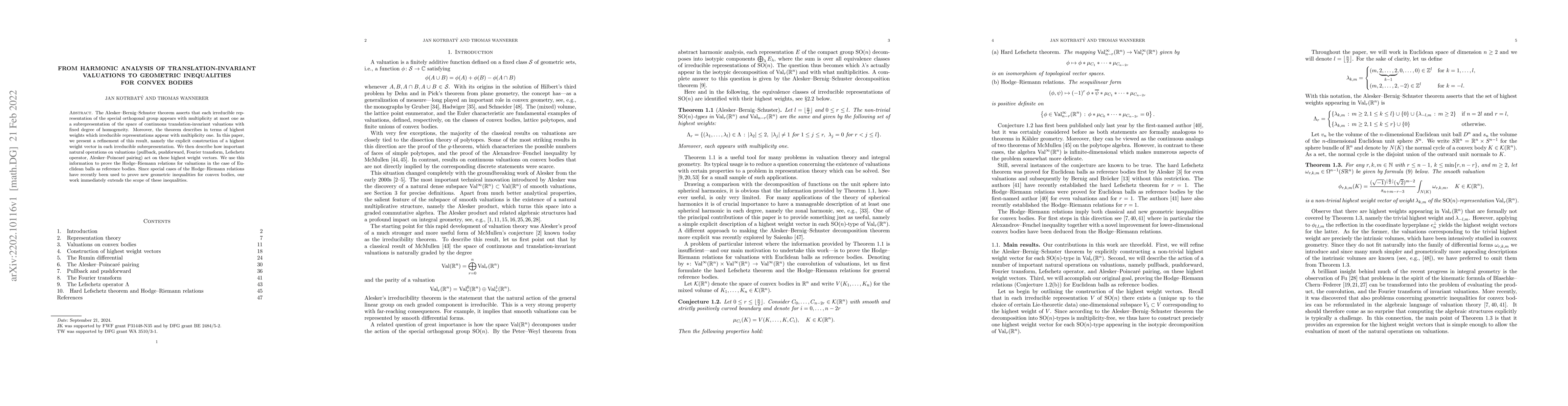 Thumbnail for From harmonic analysis of translation-invariant valuations to geometric
  inequalities for convex bodies