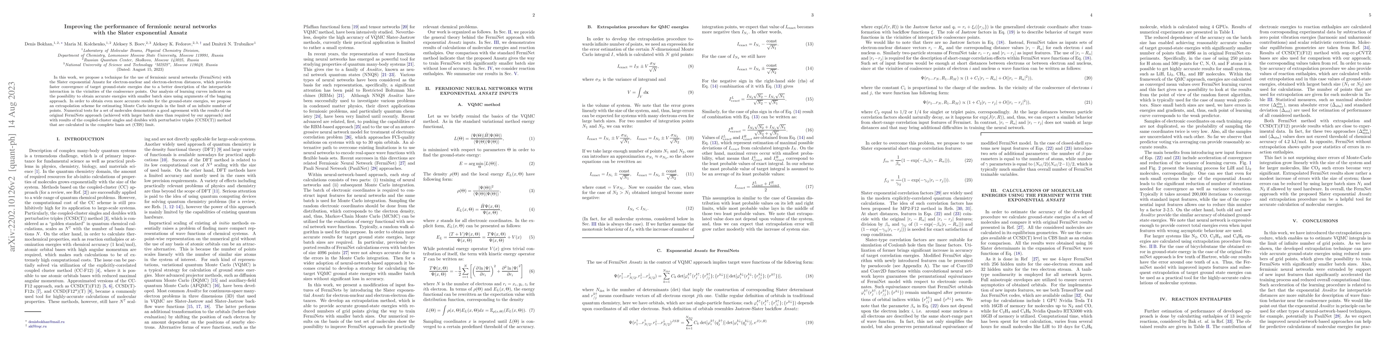Thumbnail for Improving the performance of fermionic neural networks with the Slater
  exponential Ansatz
