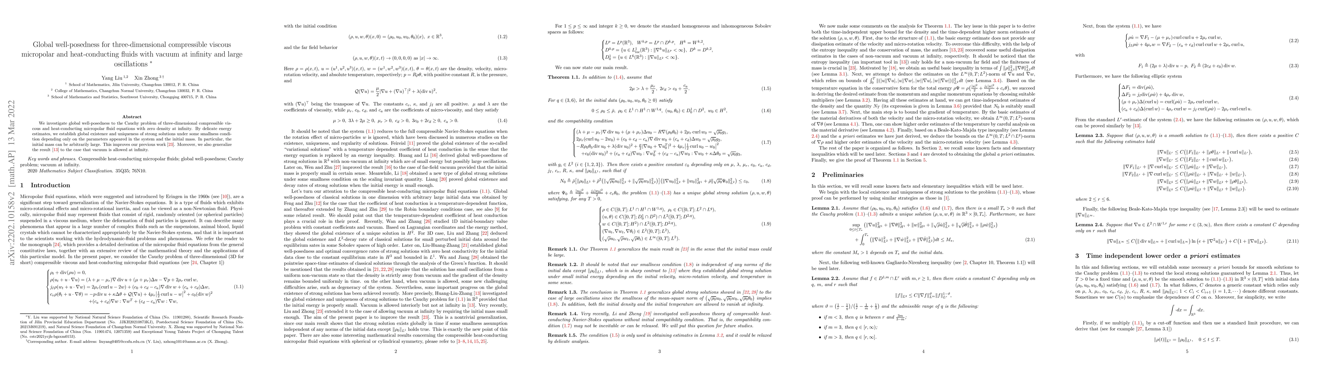 Thumbnail for Global well-posedness for three-dimensional compressible viscous
  micropolar and heat-conducting fluids with vacuum at infinity and large
  oscillations
