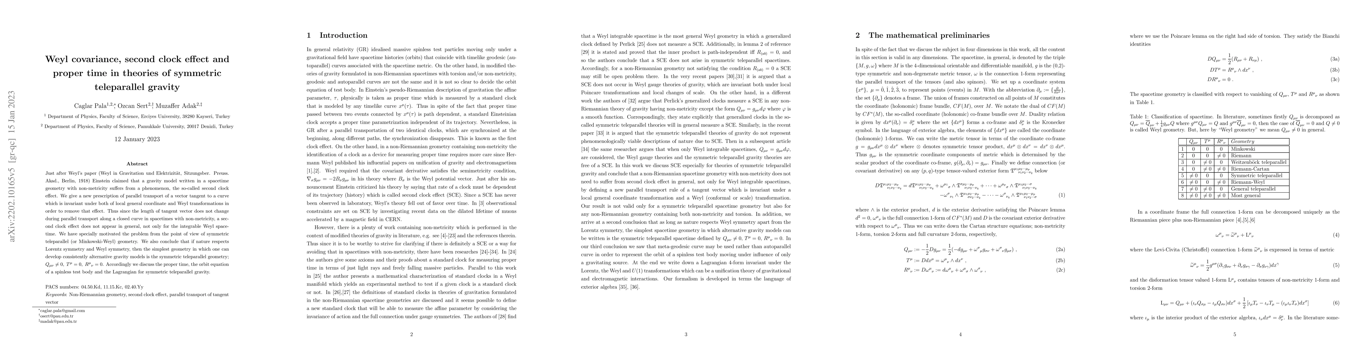 Thumbnail for Weyl covariance, second clock effect and proper time in theories of
  symmetric teleparallel gravity