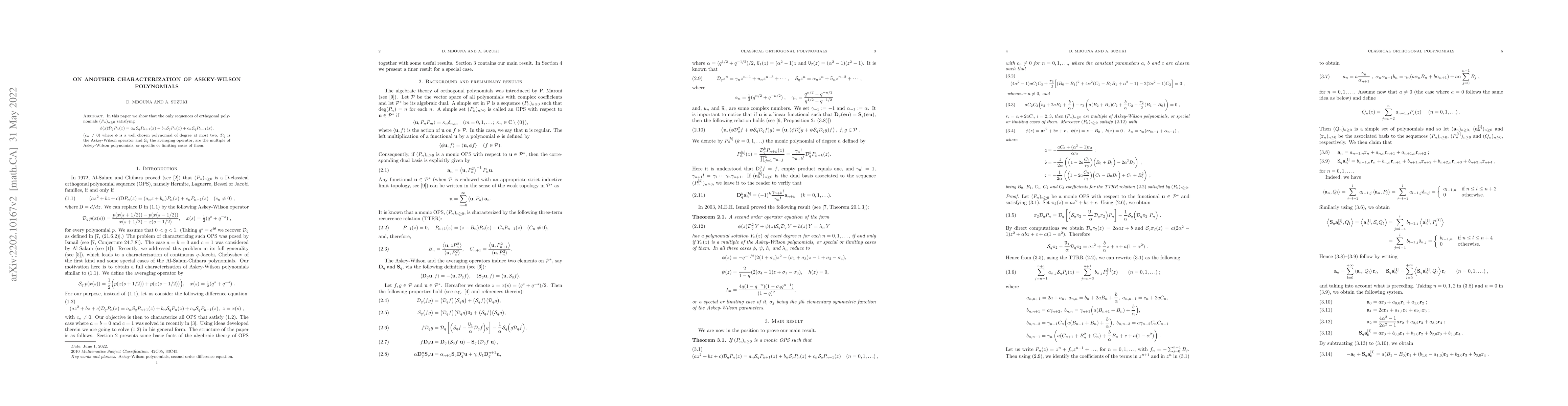 Thumbnail for On another characterization of Askey-Wilson polynomials