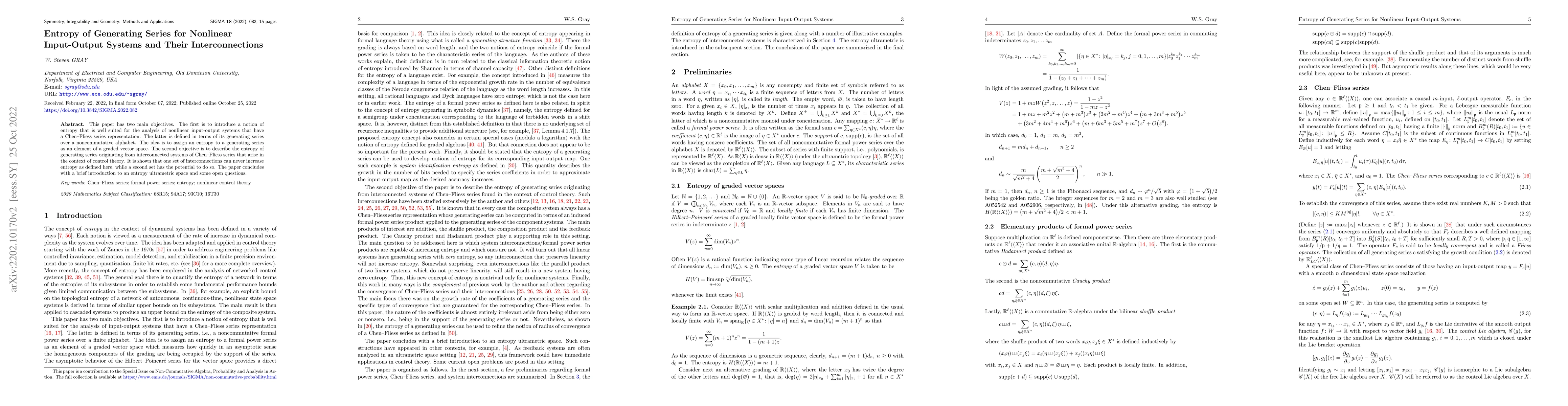 Thumbnail for Entropy of Generating Series for Nonlinear Input-Output Systems and
  Their Interconnections