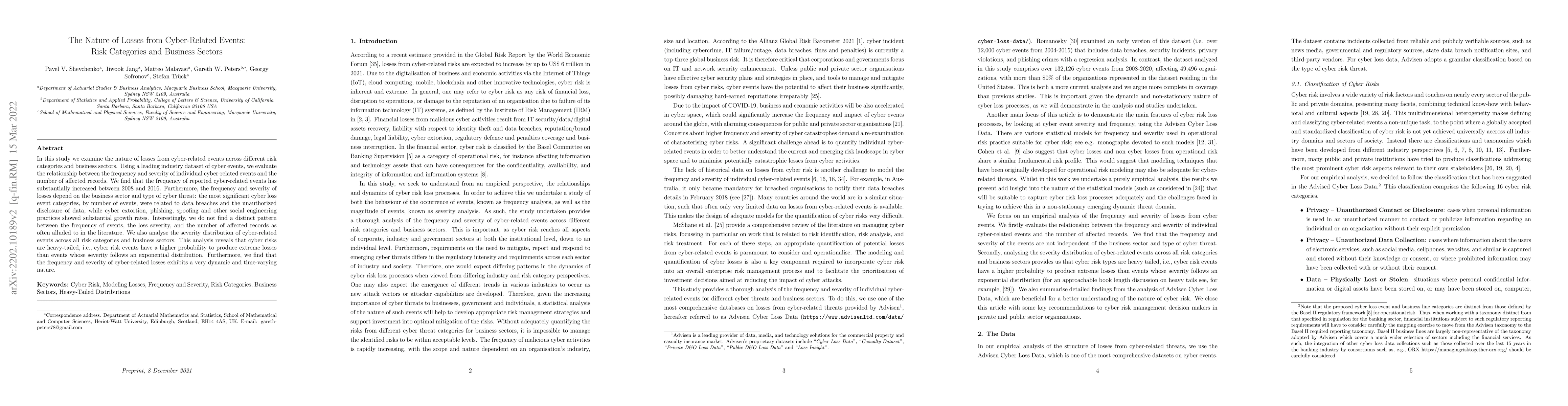 Thumbnail for The Nature of Losses from Cyber-Related Events: Risk Categories and
  Business Sectors