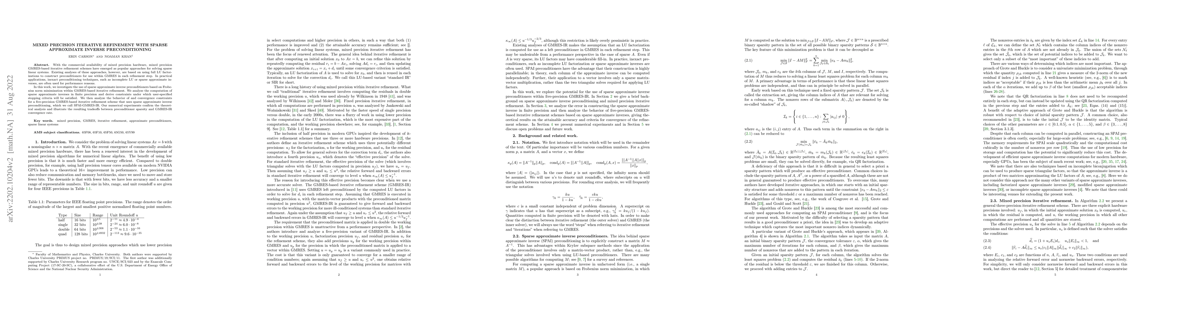 Thumbnail for Mixed Precision Iterative Refinement with Sparse Approximate Inverse
  Preconditioning
