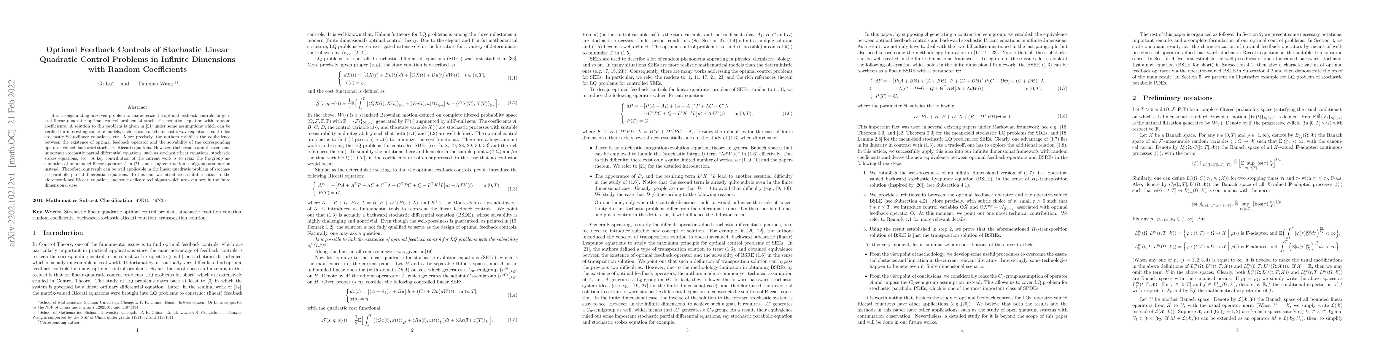 Thumbnail for Optimal Feedback Controls of Stochastic Linear Quadratic Control
  Problems in Infinite Dimensions with Random Coefficients