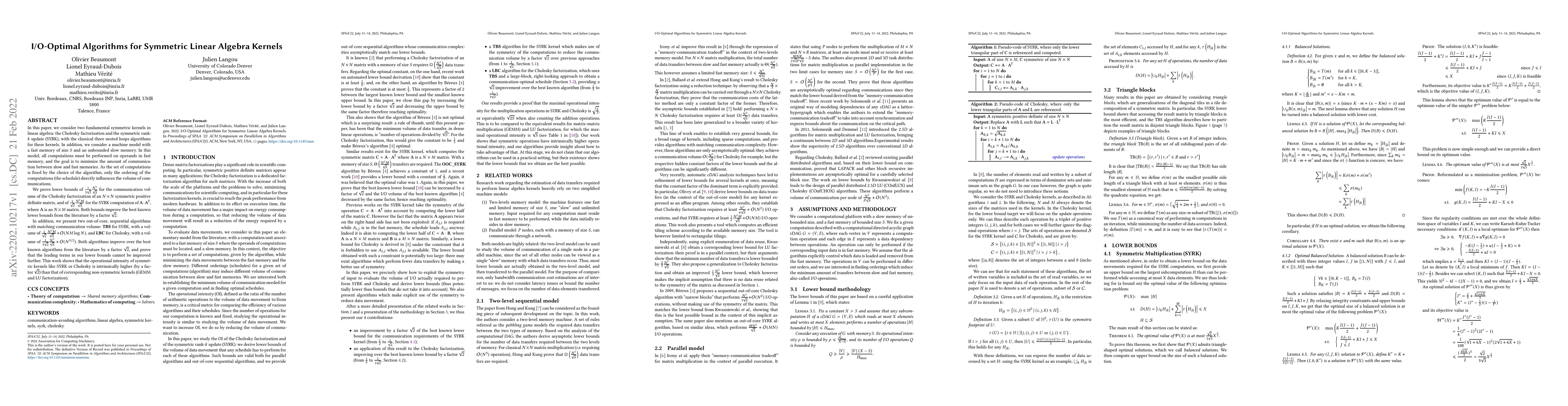 Thumbnail for I/O-Optimal Algorithms for Symmetric Linear Algebra Kernels