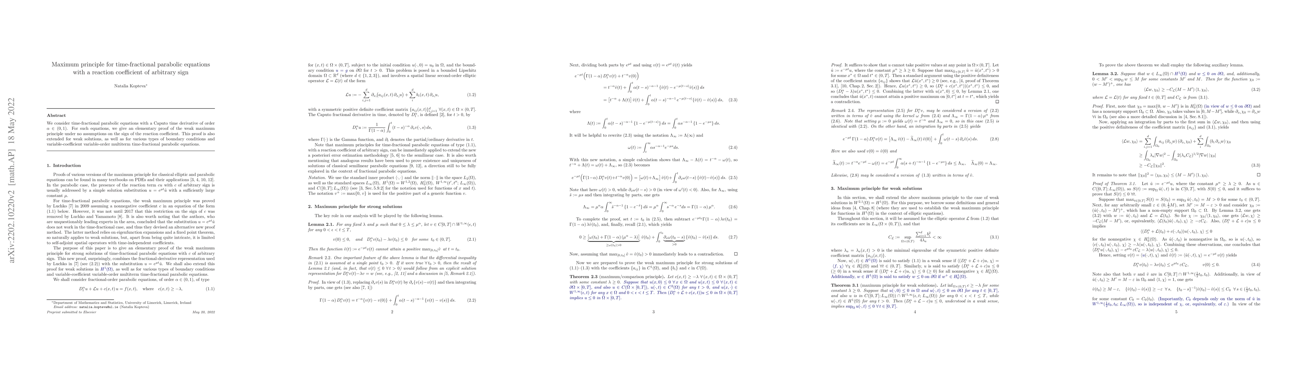 Thumbnail for Maximum principle for time-fractional parabolic equations with a
  reaction coefficient of arbitrary sign