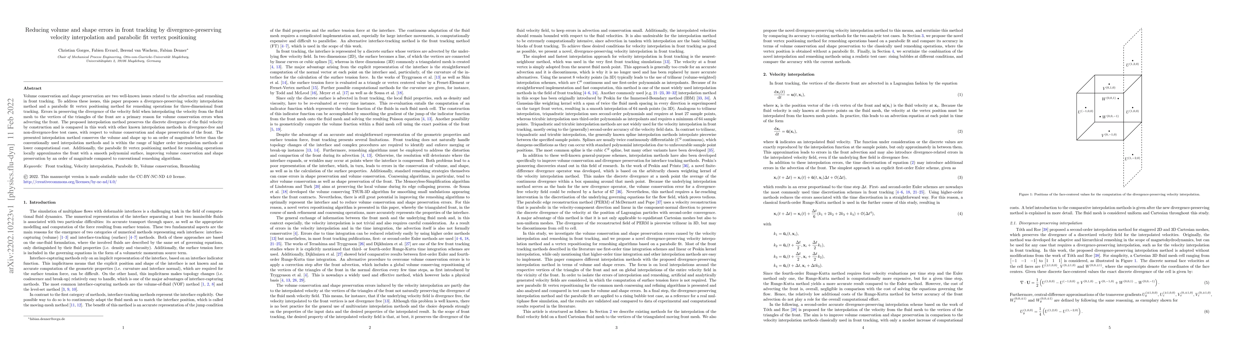 Thumbnail for Reducing volume and shape errors in front tracking by
  divergence-preserving velocity interpolation and parabolic fit vertex
  positioning