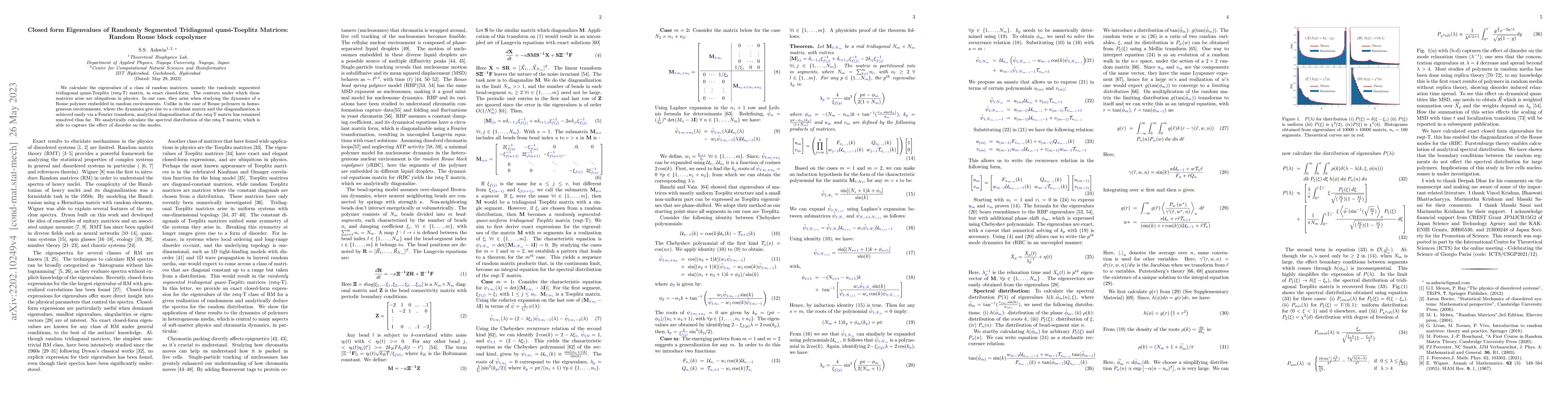 Thumbnail for Closed form Eigenvalues of Randomly Segmented Tridiagonal quasi-Toeplitz
  Matrices: Random Rouse block copolymer