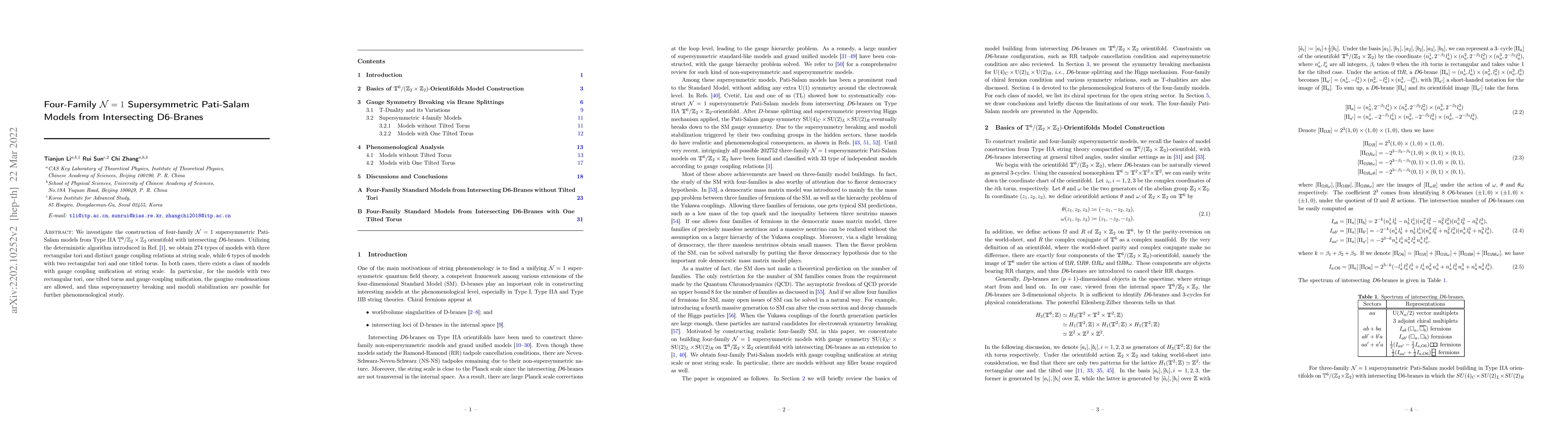 Thumbnail for Four-Family ${\cal N}=1$ Supersymmetric Pati-Salam Models from
  Intersecting D6-Branes