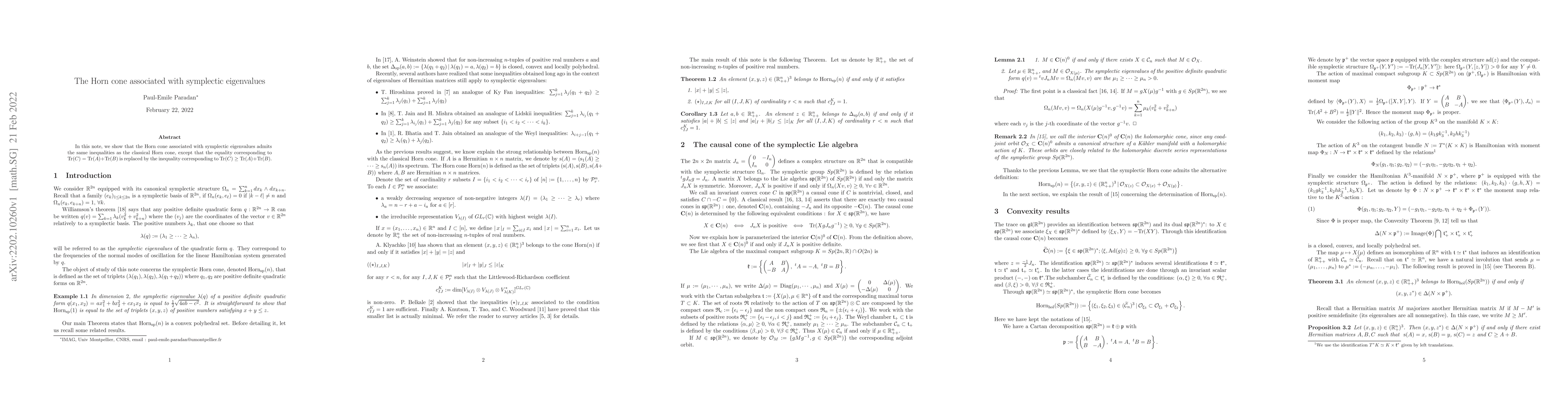 Thumbnail for The Horn cone associated with symplectic eigenvalues