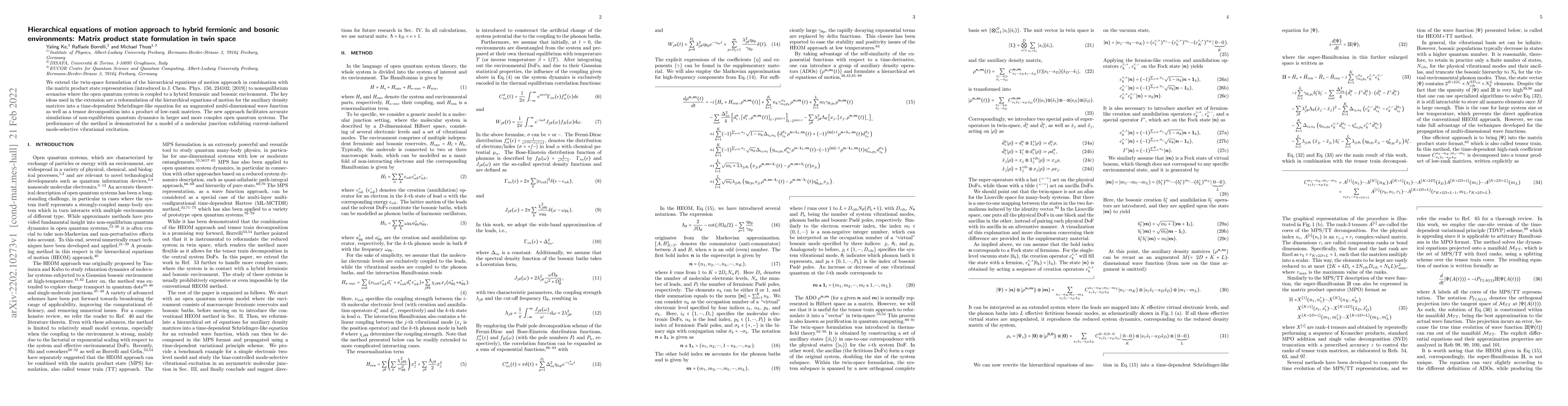 Thumbnail for Hierarchical equations of motion approach to hybrid fermionic and
  bosonic environments: Matrix product state formulation in twin space