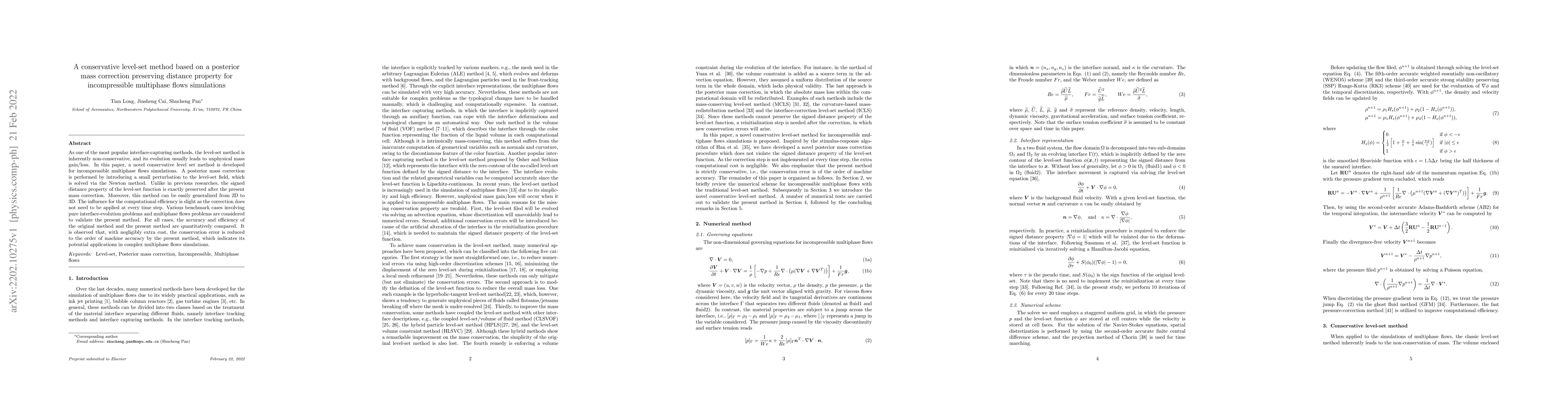 Thumbnail for A conservative level-set method based on a posterior mass correction
  preserving distance property for incompressible multiphase flows simulations
