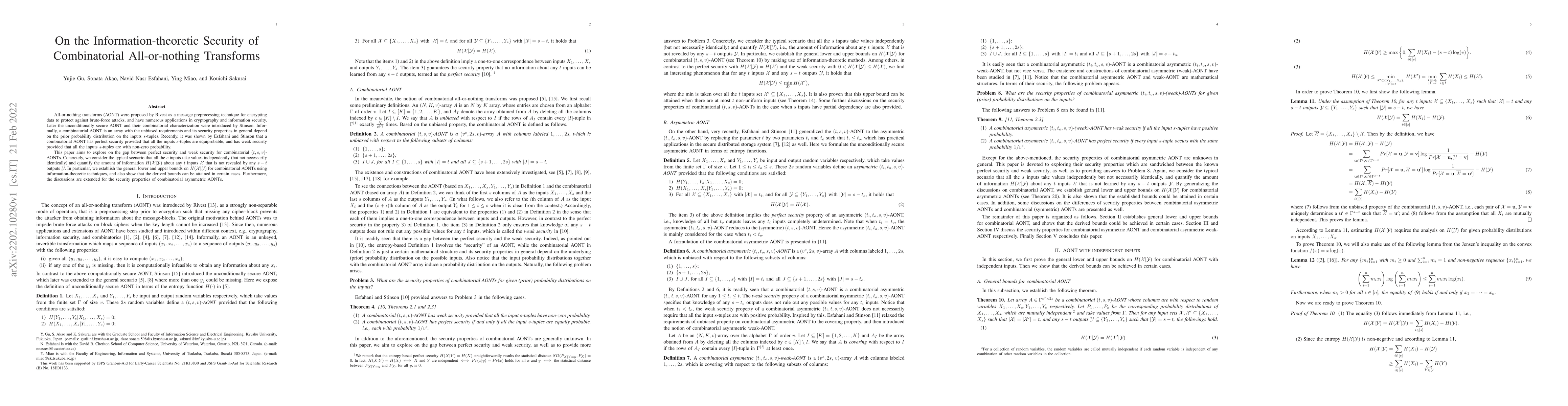 Thumbnail for On the Information-theoretic Security of Combinatorial All-or-nothing
  Transforms