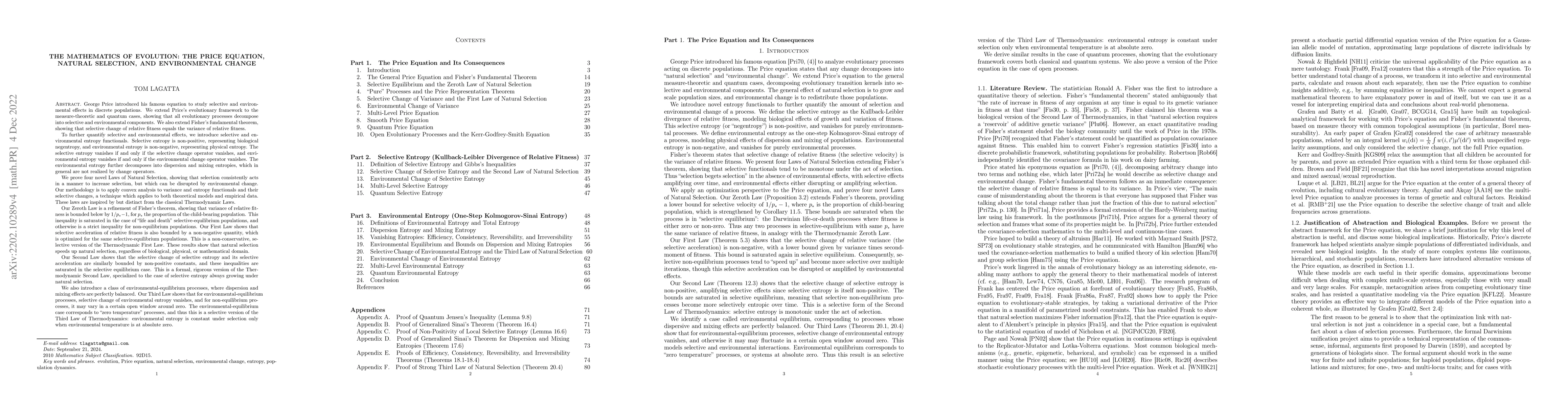 Thumbnail for The Mathematics of Evolution: The Price Equation, Natural Selection, and
  Environmental Change
