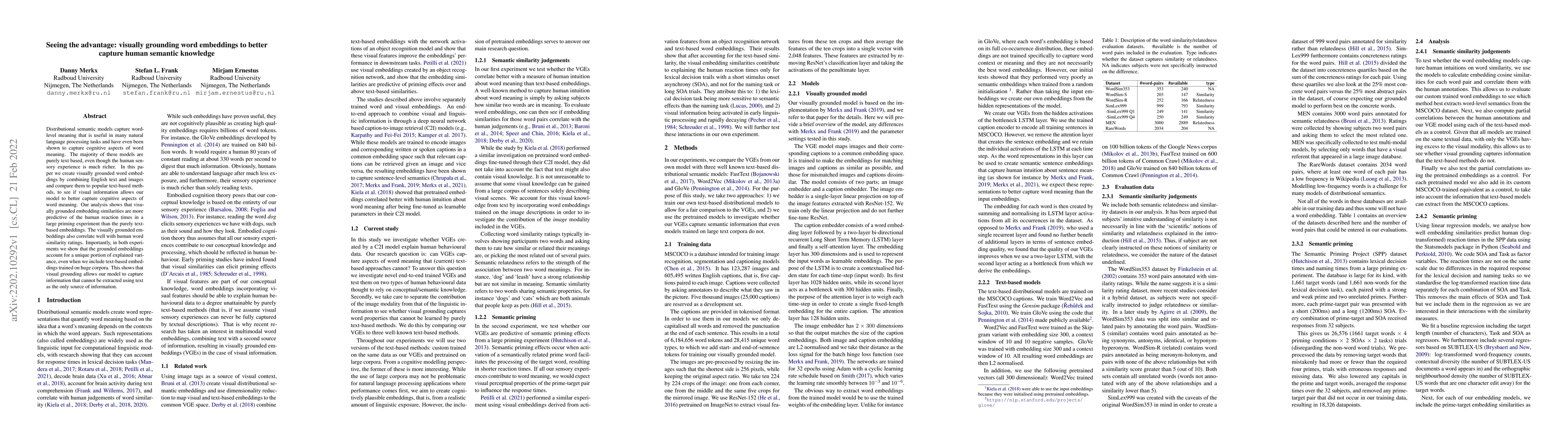 Thumbnail for Seeing the advantage: visually grounding word embeddings to better
  capture human semantic knowledge