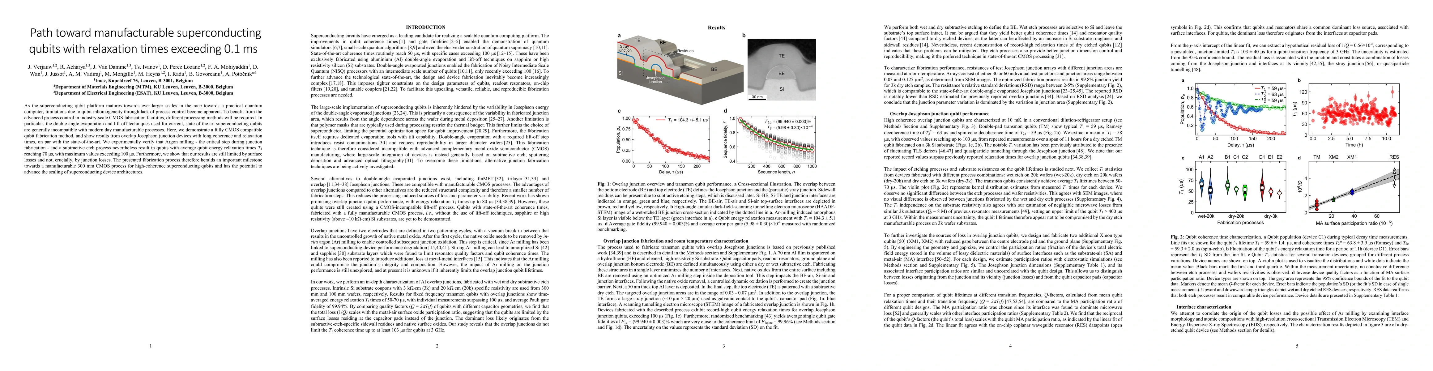 Thumbnail for Path toward manufacturable superconducting qubits with relaxation times
  exceeding 0.1 ms